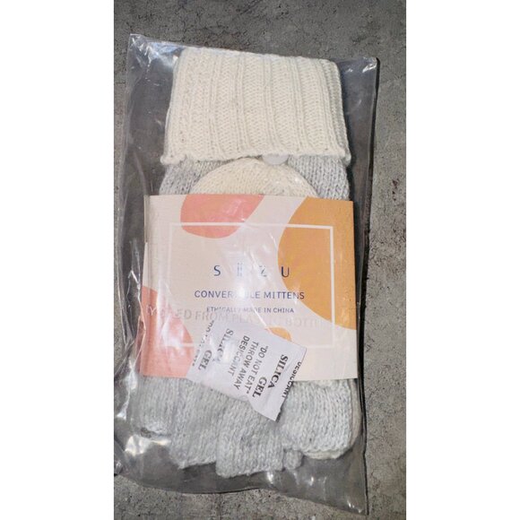 Siizu Cozy Convertible Mittens Womens Cream and Gray Knitted 100% Polyester - Picture 6 of 7